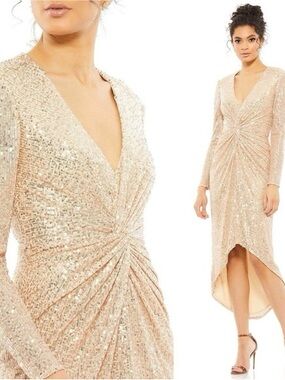 NEW Ieena for Mac Duggal rose colored Sequin Twist-Front High-Low Dress